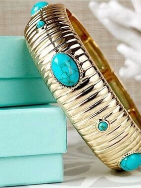 Rae Gold and Turquoise Bangle Bracelet | Stretch to Fit | New